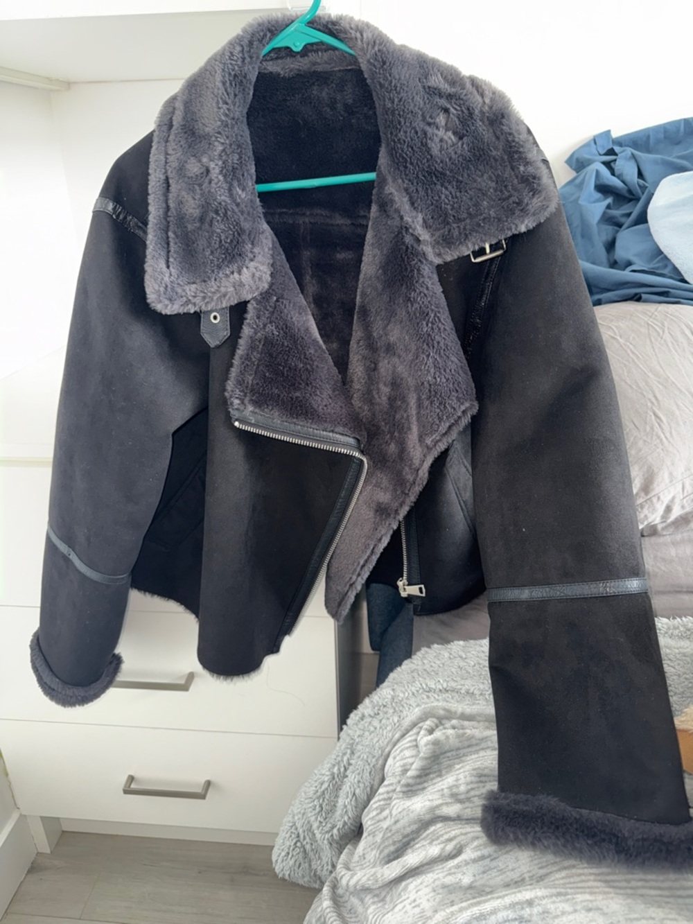 Black Faux-Shearling Aviator Jacket - Women